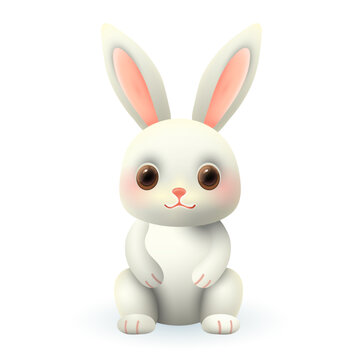 Adorable white bunny 3d illustration. Cute little rabbit sitting and smiling in cartoon style isolated on white background. Animal, nature, wildlife concept