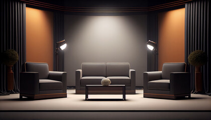 Stage with sofas and spotlights in concept of debate and meetings  Ai generated image
