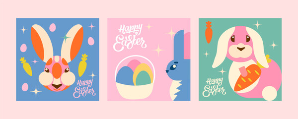 3 templates with bunnies for Easter. The minimalist design is made in a modern style and an interesting combination of pastel colors. These rabbits will make a great addition to your project!