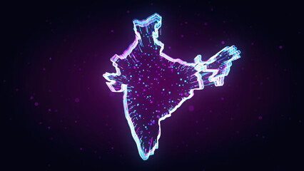 Purple Blue Shiny India Map 3d Lines Effect With Square Dots Particles On Dark Purple Glitter Dust Background