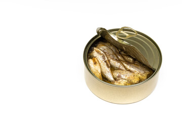 open tin can with fish isolated on white background.