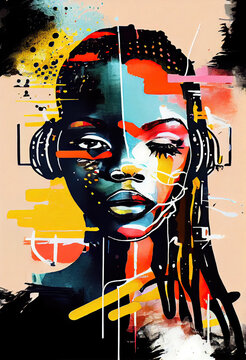 Creative Afrofuturist Illustration of Woman with Headphones. Generative AI