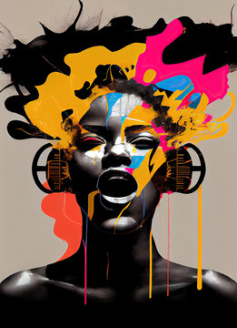Creative Afrofuturist Illustration of Woman with Headphones. Generative AI