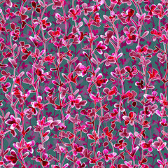 Cute delicate red twigs with leaves. Botanical pattern. Seamless background.