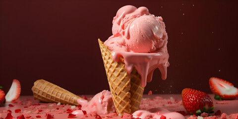 Creamy strawberry ice cream is expertly swirled into a waffle cone - food products created with generative AI technology
