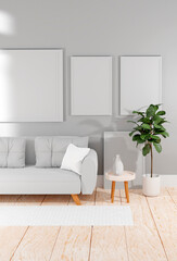  Scandinavian interior of living room with mockup frames, flowers in vase . 3D render
