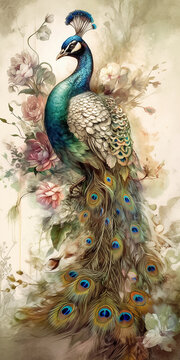 Fototapeta Beautiful peacock portrait on background of flowers. Vintage vertical painting, generative ai