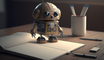 Little cute robot reading notebook at a desk, cartoon style, mini robot, android robot, near-future technology