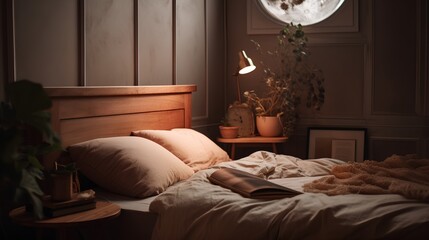 Concept of sleep hygiene, cosy bed with soft pillows and comfortable sheets, set in a peaceful bedroom environment. Quiet atmosphere, healthy bedtime routine and restful night sleep. Generative AI