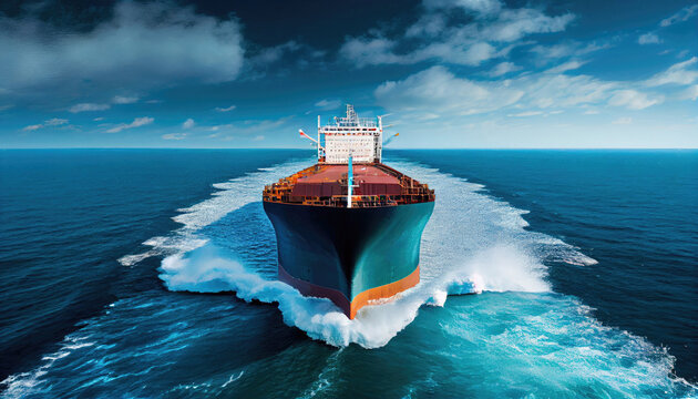 A bulk carrier freight ship traveling on full motion over blue sea with Generative AI Technology