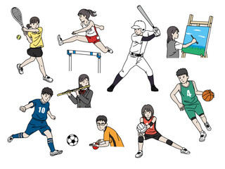 様々な部活動をする生徒たちのイラスト