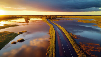 Flooded country road and flooded meadow. Flying above beautiful meadow at sunset landscape with Generative AI Technology