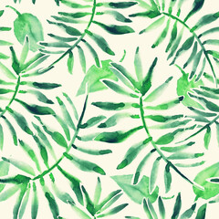 Summer watercolor seamless tropical pattern with green leaves and branches. Design for textile print, page fill, web, gift wrapping, fabric