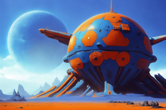 A strange spaceship at a strange planet, science fiction fantasy, created with Generative AI technology.