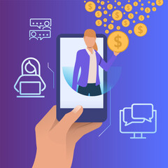 Woman earning money in social media vector illustration. Hand holding smartphone, manager sending money from screen. Earnings in social networks, remote work, customer service concept