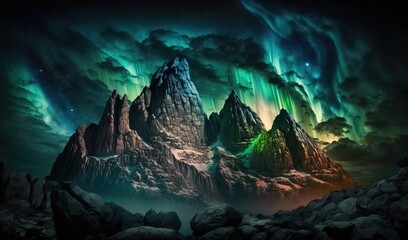 Fototapeta na wymiar a mountain with a lot of green and purple lights in the night sky above it is a mountain range with a green and purple auroral aurora light in the sky. generative ai
