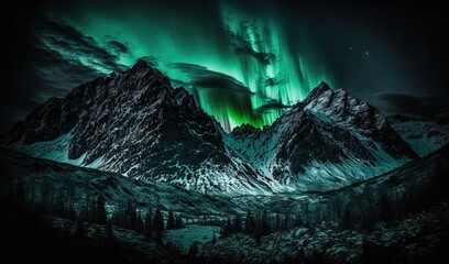  a green aurora bore over a snowy mountain range in the night sky with a green aurora bore above the mountain range in the night sky.  generative ai