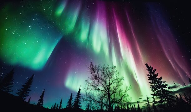  a colorful aurora bore is seen in the sky above a forest with trees and a star filled sky in the background, with the aurora bore visible in the foreground.  generative ai