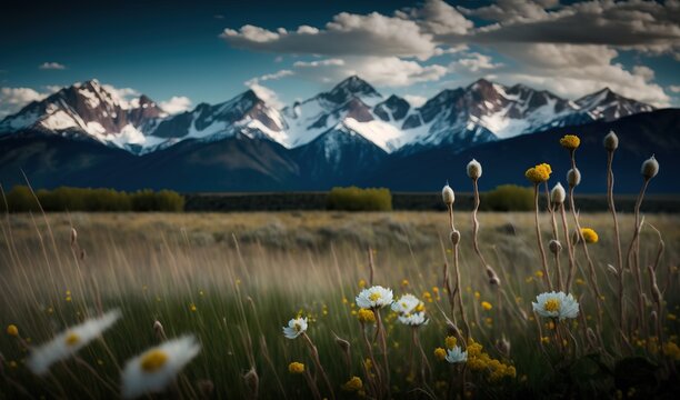  a field of wildflowers with a mountain range in the background with clouds in the sky and snow on the tops of the mountains. generative ai © Anna
