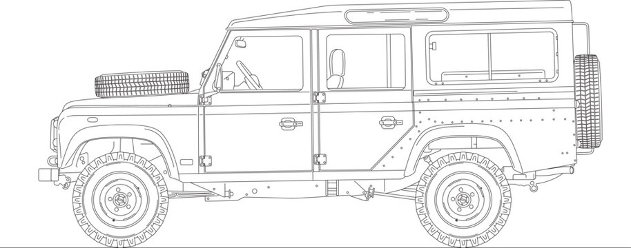 United Kingdom, year 1983, Land Rover Defender 110 silhouette, drawn on a white background, illustration