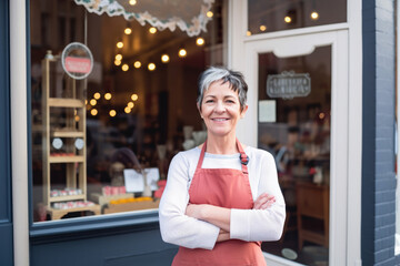 A small business owner wearing an apron stood outside their shop. Generative ai