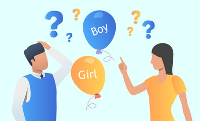 Fototapeta na wymiar People confused with gender roles vector illustration. Man and woman pointing at air balloons with boy and girl lettering and question marks. Gender equality, gender reveal party concept