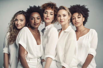 Portrait of multiracial women in studio looking at camera over grey background. Generative AI