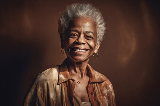 Portrait of beautiful elderly black woman looking at camera in studio. Generative AI