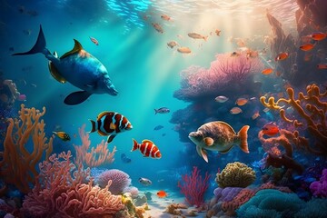 Fototapeta na wymiar underwater environment created using AI Generative Technology