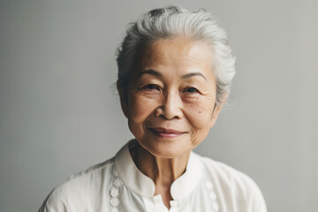 Happy elderly woman over white background. Generative AI.