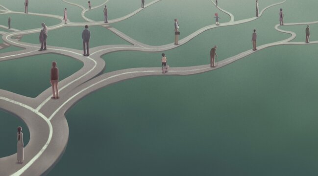 Concept art of  choice success hope  way decition and ambition , surreal landscape painting,  people on floating road , imagination artwork, conceptual 3d illustration, mystery scenery