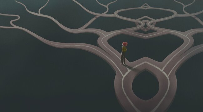 Concept art of  choice success hope decition way lost and ambition , surreal landscape painting,  woman with floating road , imagination artwork, conceptual 3d illustration, mystery scenery