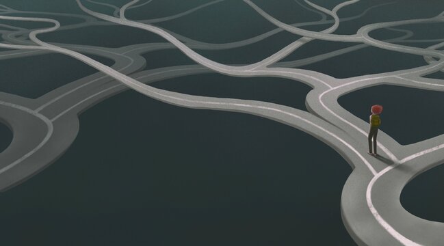 Concept art of  choice success hope decition way lost and ambition , surreal landscape painting,  woman with floating road , imagination artwork, conceptual 3d illustration, mystery scenery