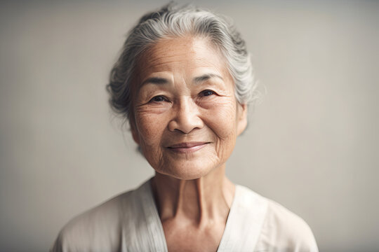 Happy elderly woman over white background. Generative AI.