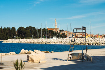 Lifeguard observation tower on the Adriatic sea coast of Rovinj Croatia Istria