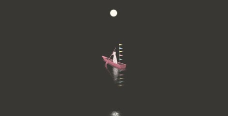 Lonely woman on the boat.  painting artwork. loneliness and solitude concept.