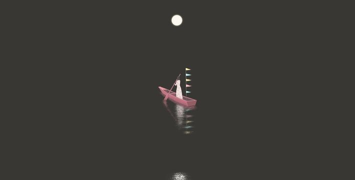 Lonely woman on the boat.  painting artwork. loneliness and solitude concept.