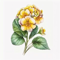 Watercolor primrose illustration on white background. Flower art, invitation backdrop. Ai generated