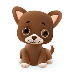 Cute brown puppy 3d illustration. Funny little dog in cartoon style sitting and wagging tail isolated on white background. Animal, nature, pet concept