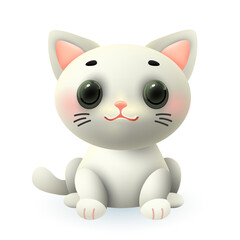 Obraz na płótnie Canvas Cute kitten 3d illustration. Funny little white cat or animal in cartoon style sitting isolated on white background. Animal, nature, pet concept
