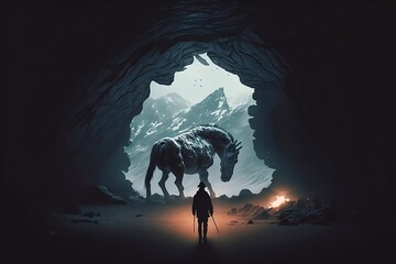 Horse monster looking at little hero with sword in the cave.. ai generated