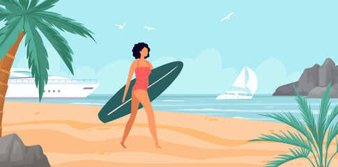 Fototapeta na wymiar Summer sea activity, girl with surfboard on beach