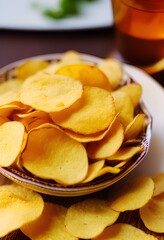 delicious dried sliced potato chips on table on kitchen background