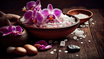 Bath salt, orchid and massage stones on wooden background, spa concept with Generative AI Technology