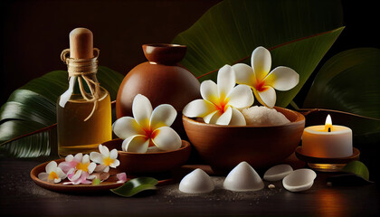 Obraz premium Beautiful spa composition with candles, frangipani flower, oil flasks, bowl with salt and herbal ball with Generative AI Technology