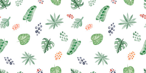 Vegetable seamless pattern with tropical leaves. Watercolor seamless pattern. Packaging design, poster, fabrics, digital paper, sublimation.