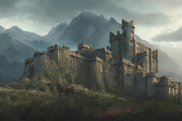 Fototapeta na wymiar A stone castle with broken turrets and overgrown weeds build in the mountains as a fortress to defend and guard against invading armies in medieval times has seen many wars and battles. Generative ai.