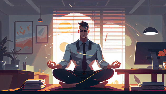 Business man meditating and relaxing in lotus position meditation Concept of zen and harmony with Generative AI Technology