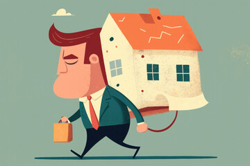 Cartoon sad man with suitcase and house on back