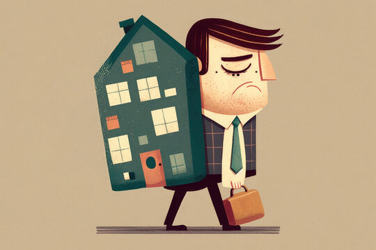 Cartoon sad man with suitcase and house on back